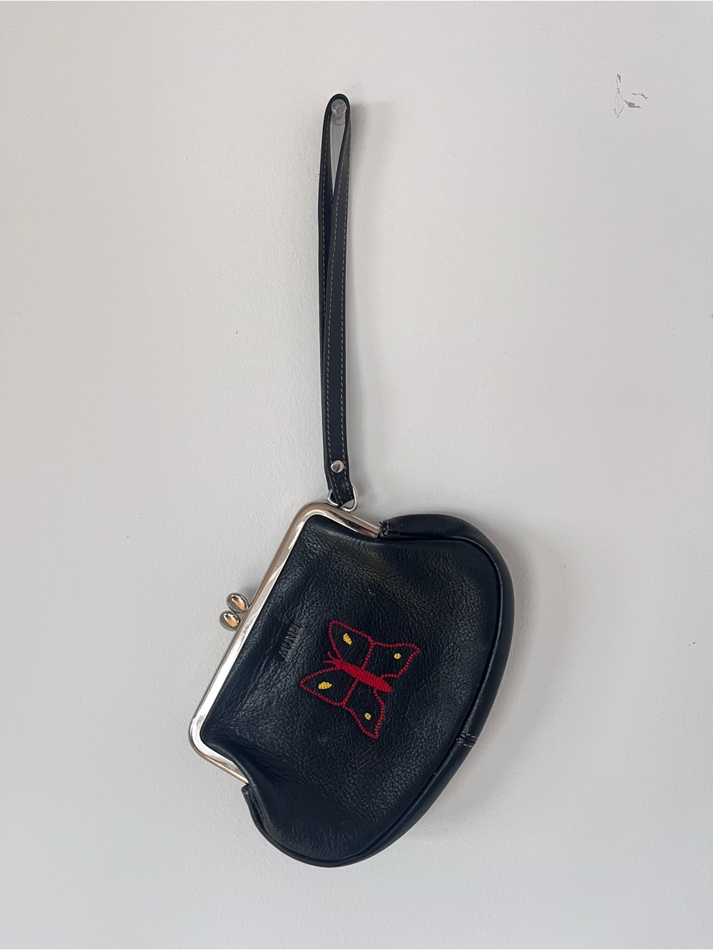 Moroccan Black Leather Wristlet Clutch with Red Embroidery